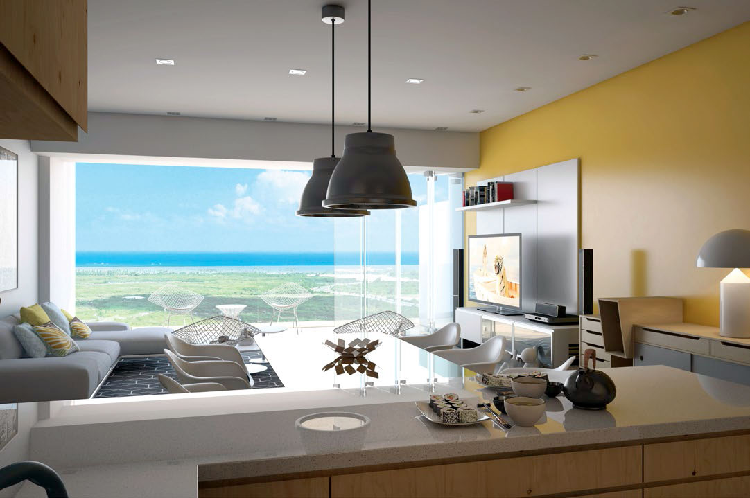 Vue intérieure cuisine salon avec vue sur mer